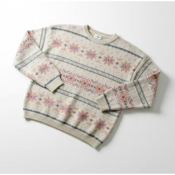 Eddie Bauer Wool Chunky Fair Isle Sweater Beige Made in USA - Picture 4 of 6